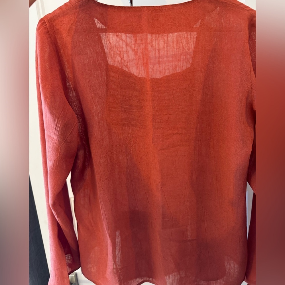 90s LINEN Terracotta/Rust Fairycore/Boho Bell Sleeve Top Rushed fringe XS/S/M - Picture 7 of 8